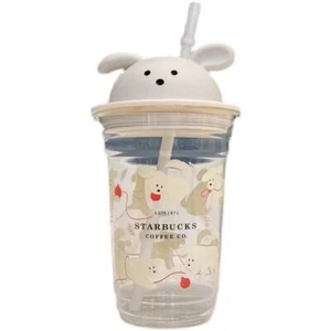NEU Starbucks niedlicher weißer Hund Sakura Becher Glas Stroh Tasse mit Kaninchen Topper - Bild 1 von 6
