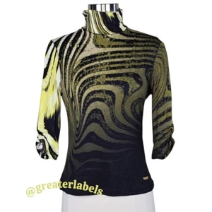 Top elasticizzato vintage Roberto Cavalli verde nero firmato stampa astratta finto collo - Foto 1 di 13