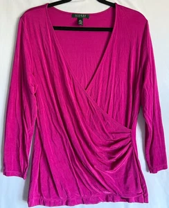 Top Lauren Ralph Lauren Mujer Grande Fucsia Imitación Envoltura Manga 3/4 Elastizado Cuello en V - Imagen 1 de 15