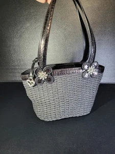 BRIGHTON Black Basket Floral Rhinestone Woven Purse 11x8" Supper Clean Beautiful - Picture 1 of 10