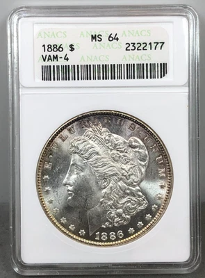 1886 $1 Morgan Silver Dollar ANACS MS64 ~ Old Soapbox Holder ~ VAM-4 Doubled 18 - Image 1 of 4