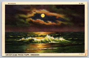 Postkarte Oregon Taft Grüße Ozean Whitecaps bei Nacht Vollmond unbesendet um 1940 - Bild 1 von 2