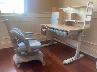 Kids Desk and Chair Set Children's Study Table Backboard Panel Blue Shelf - Image 1 of 4