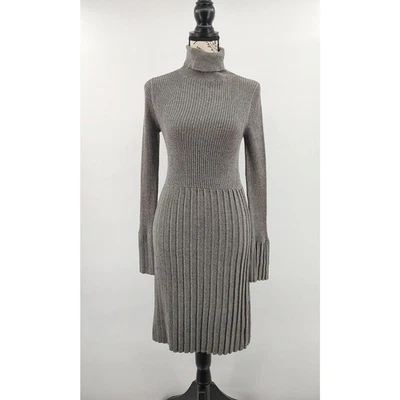 Knit Sweater Dress Womens XS Gray Turtle Neck Ribbed Flared Cuffs Soft Feminine - Image 1 of 4