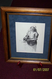 An original pencil drawing, matted and framed." The Milk Maid" - Picture 1 of 4