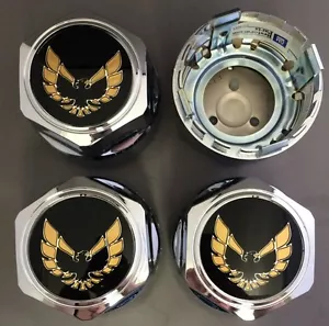 New PONTIAC FIREBIRD TRANS-AM Hub Wheel Center Cap Chrome/Gold SET of 4 - Picture 1 of 3