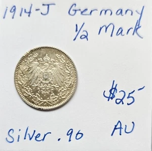 1914-J Deutschland 1/2 Mark 0,90 Silber vz-au Wilhelm II KM #17 - Bild 1 von 2