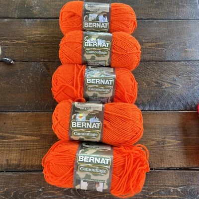 Lot Of 5 Bernat Camouflage Hunter Orange Yarn 3.5oz 4 Medium 195 Yards - Image 1 of 4