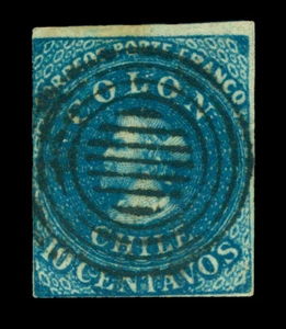 CHILE 1853 COLUMBUS - London (Perkins Bacon) 10c deep blue Scott # 2 used FVF - Picture 1 of 2