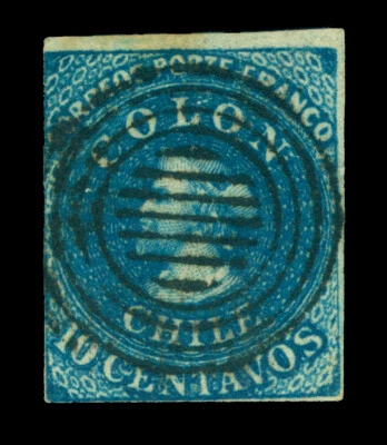 CHILE 1853 COLUMBUS - London (Perkins Bacon) 10c deep blue Scott # 2 used FVF - Image 1 of 2