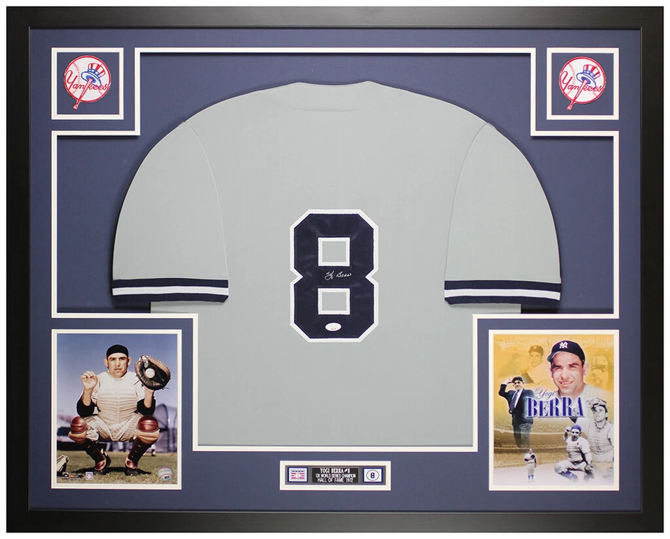 Jersey Yogi Berra Autografiado y Enmarcado Gris Nueva York Auto Certificado de Autenticidad JSA Foto 1 de 4
