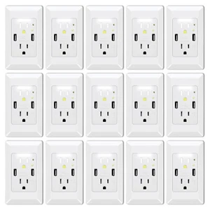 15 Pack Wall Power Outlet with LED Night Light 15Amp TR Duplex Receptacles White - Picture 1 of 12