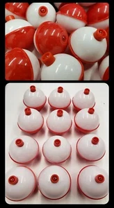 12- FISHING BOBBERS 1-1/2" Round Floats Red White Plastic SNAP ON FLOAT Bobber - Picture 1 of 2