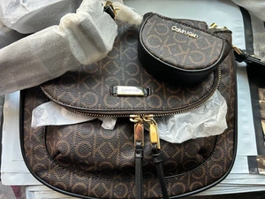 Calvin klein Women's 2 in 1 signature Crossbody Signature Bag Brown Gold - Picture 1 of 8