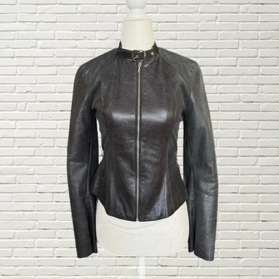 Chaqueta de moto de cuero negra vintage años 90 - ajustada recortada cuello alto hebilla Xs Foto 1 de 4