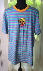 Retro Stripped Pac Man Wink Game TShirt Graphic Tee Crew Neck Shirt Gamer NWT, L - Picture 1 of 9