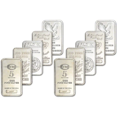 5 oz Silver Bar - Random Brand Secondary Market .999 Fine - TEN 10 Bars - Image 1 of 3