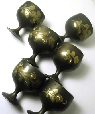 Lote de 6 tazas de metal globo coñac infantil demitasse floral latón damasceno Foto 1 de 4