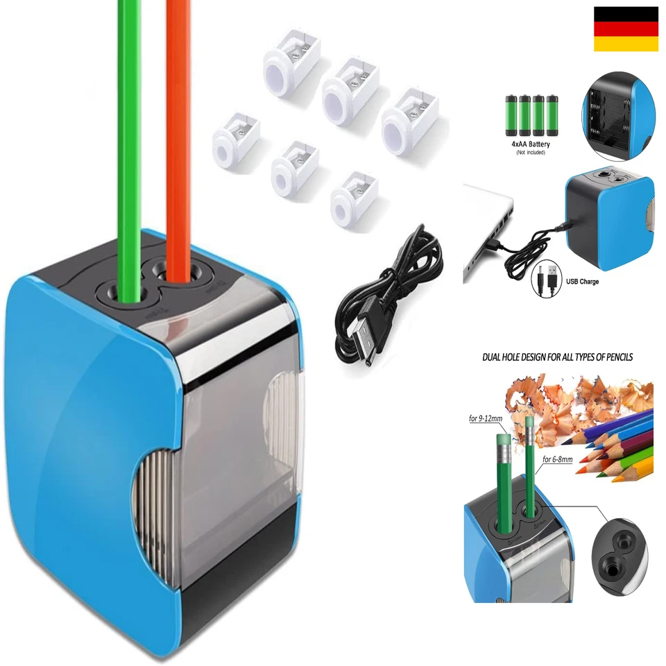 DETAILS IN DESCRIPTION Oladwolf Elektrischer Anspitzer 2 Löcher Batterie USB 2 Modi Bleistiftspitzer