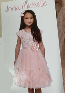 Jona Michelle GIRLS Lace Dress 5 Bow Tulle Glitter Party(PINK GLITTER 12)NWT - Picture 1 of 5