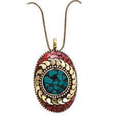 RED CORAL WITH BLUE TURQUOISE GEMSTONE HANDMADE TIBETAN PENDANT CHAIN 17-18"