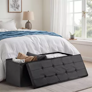Folding Storage Ottoman Bench 43'' Foot Stool Up to 660 LBS for Bedroom Black - Picture 1 of 23