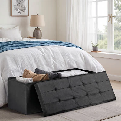Folding Storage Ottoman Bench 43'' Foot Stool Up to 660 LBS for Bedroom Black - Image 1 of 4