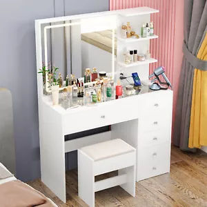 Ufurniture LED Dressing Table Set with Charging Station & Glass Tabletop White - Picture 1 of 10