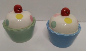 2 ND Hand Painted Polka Dot Cherry Topped Ceramic Cupcake Shape Containers - Picture 1 of 7