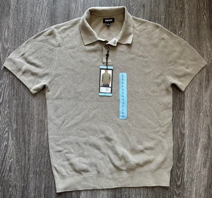 DKNY Sweater Polo Shirt Mens Large Cream Tan Short Sleeve Cotton Knit New Tags - Foto 1 di 6
