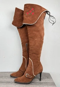 Dsquared2 Vero Cuoio Runway Pirate Boho Embroidery Suede Boot Fold Over Knee 8.5 - Picture 1 of 17