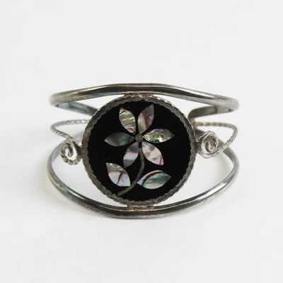 Vintage Alpaca Mexico Small Cuff Bracelet with Inlaid Mother Of Pearl Flower - Image 1 of 4