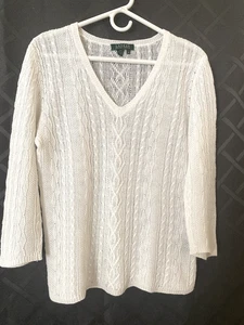 Polo Ralph Lauren Mujer Suéter Blanco Mangas 3/4 Algodón Cuello en V M - Imagen 1 de 5