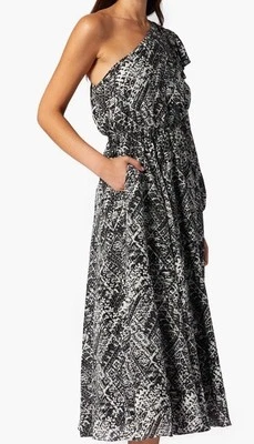 Vestido midi de seda con estampado de un hombro Joie June Ikat blanco y negro talla 2 venta al por menor 478 $ Foto 1 de 4