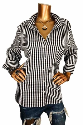 Camisa Chico's 3.5 o 1X Plus Top Elástica Sin Planchar Guinga Cuadros Abotonada Negra Blanca Foto 1 de 4