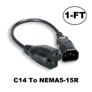 1FT IEC320 C14 to NEMA 5-15R 125V AC 10A 10 Amp Monitor PC Power Cord Cable - Picture 1 of 2