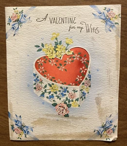 Vtg 1940s Valentines Day Greeting Card Wife Fabric Heart Box Flowers Bows P1C - Picture 1 of 12