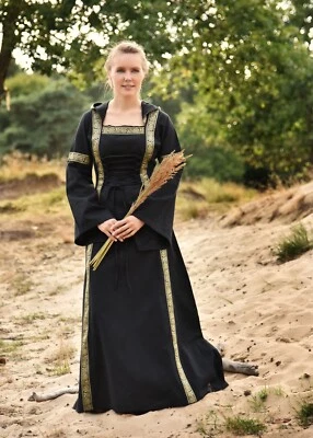 Vestido Medieval Battle-Merchant Leonor Con Capucha, Vestido Vikingo Negro LARP Foto 1 de 4