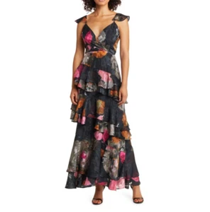 HUTCH Senna Floral Black Maxi Dress Flutter Sleeve Tiered - Size 2 - Picture 1 of 15