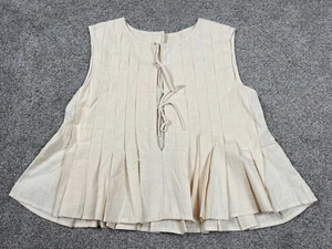 Womens Shirt Medium Linen Blend Peplum Pleated Tie Front Boho Peasant Cottage - Picture 1 of 8