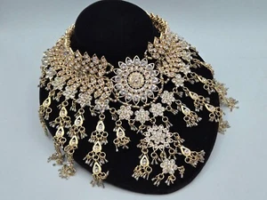 Natasha Necklace Gold Tone W/ Clear Crystals Large Bib Collar Statement Cocktail - Picture 1 of 7