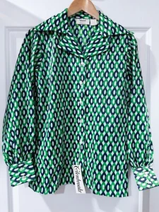 NEW Vintage 60s 70s Glenbrooke Diamond Green Button up Collared Shirt Size 12 - Picture 1 of 5