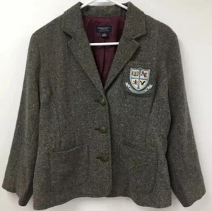 Women American Eagle Vintage Wizard Blazer Brown Crest Casual Wool Blend Sz L - Picture 1 of 5