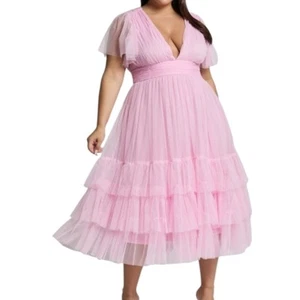 Lace And Bead Pink Midi Flutter Sleeve Tuelle Plunge Dress Size 16 NWT - Picture 1 of 9