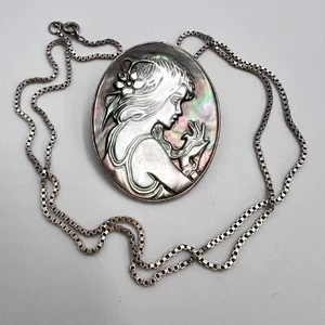 1920er Vintage 835 Sterling Silber Kamee Kette Halskette Muschel Anhänger Germany - Bild 1 von 8