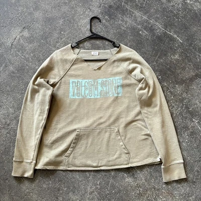 Volcom Oversized Sweatshirt Womens M Tan Green Olive Reworked Fleece Sweater - Image 1 of 4
