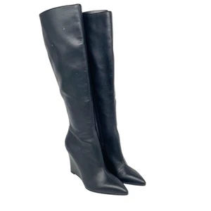 Open Edit Women's Black Leather Wedge Knee High Boots Size 6.5 M - Picture 1 of 14