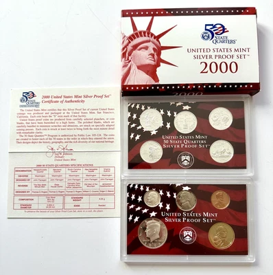 Juego de prueba de plata como nuevo de Estados Unidos 2000 con caja y certificado de autenticidad (juego de 10 monedas) Foto 1 de 2