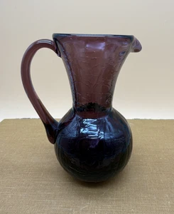 Vintage Amethyst Purple Crackle Glass Pitcher Hand Blown Creamer Vase 3.5" - Picture 1 of 15