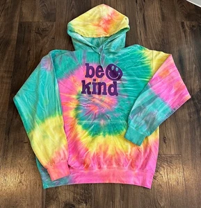 Felpa con cappuccio grafica unisex Be Kind Bright Rainbow tie dye taglia large - Foto 1 di 7